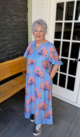 Blue Floral Flutter Sleeve Midi Dress