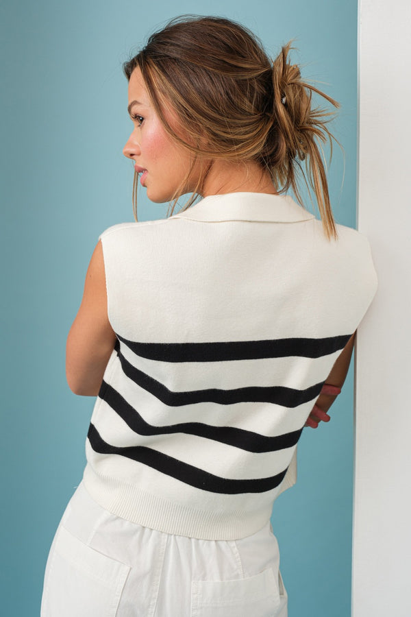 Ivory Striped Collared Sweater Vest