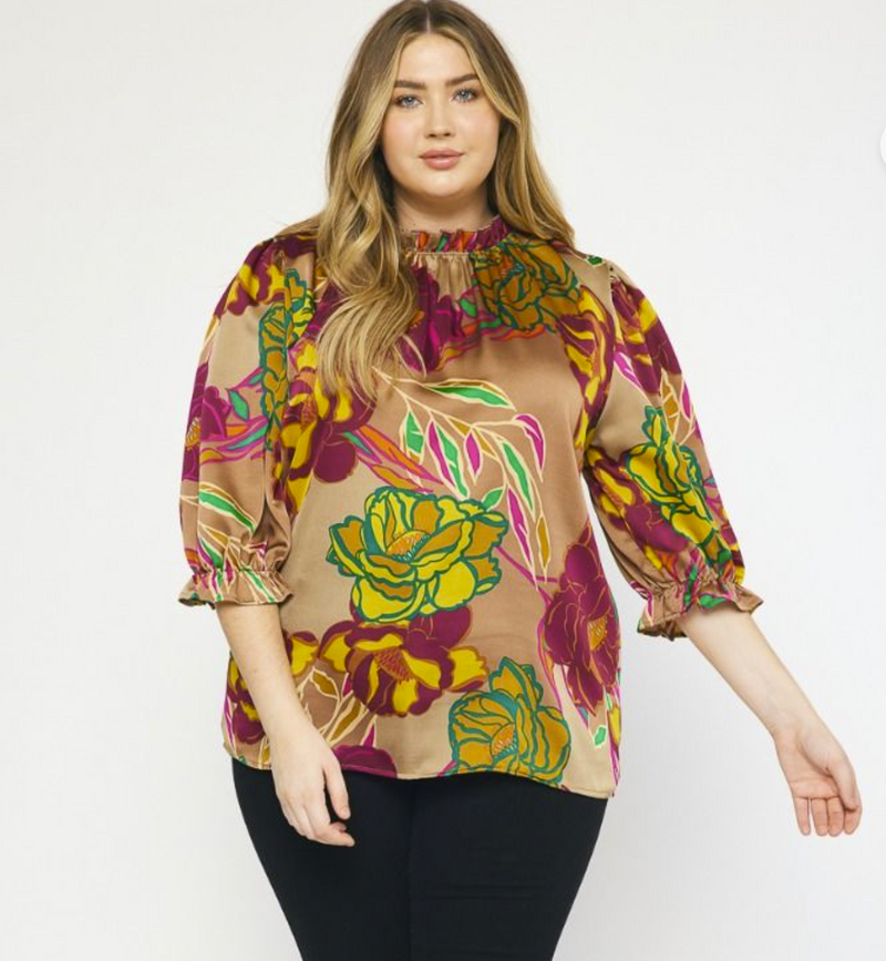 Curvy Bold Floral Ruffle Neck Top