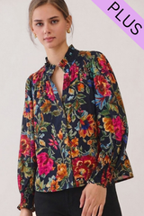 Curvy Navy Floral Printed Button Down Top