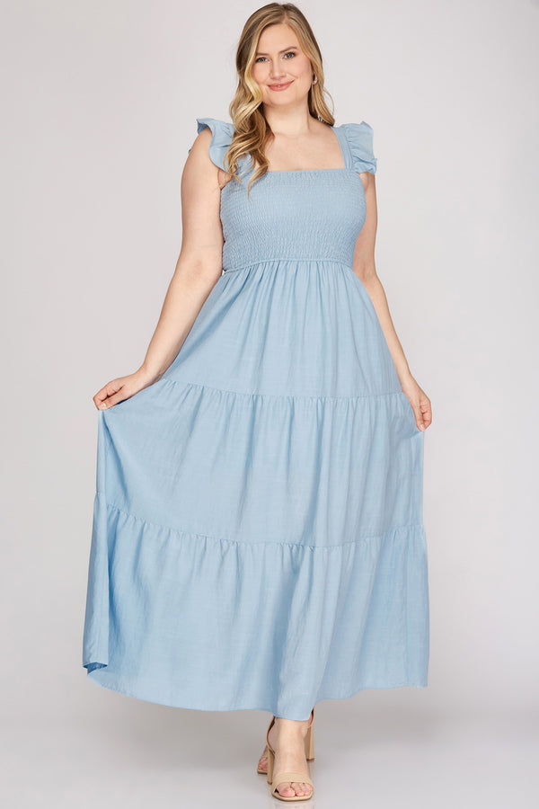 Curvy Light Blue Ruffle Cap Sleeve Maxi Dress