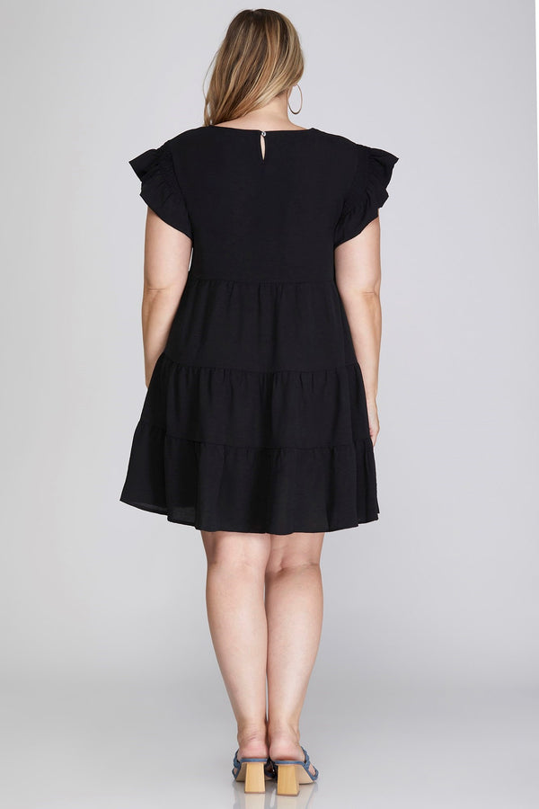 Curvy Black Tiered Dress With Ruffle Shoulders