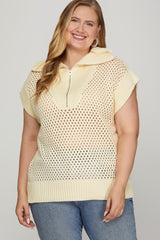 Curvy Ivory Collared Drop Shoulder Half Zip Sweater Top