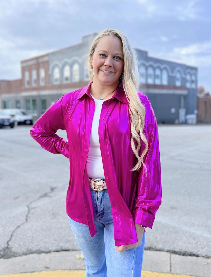 Hot Pink Metallic Button Up Top