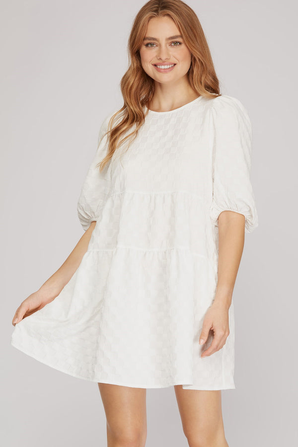 White Jacquard Puff Sleeve Dress
