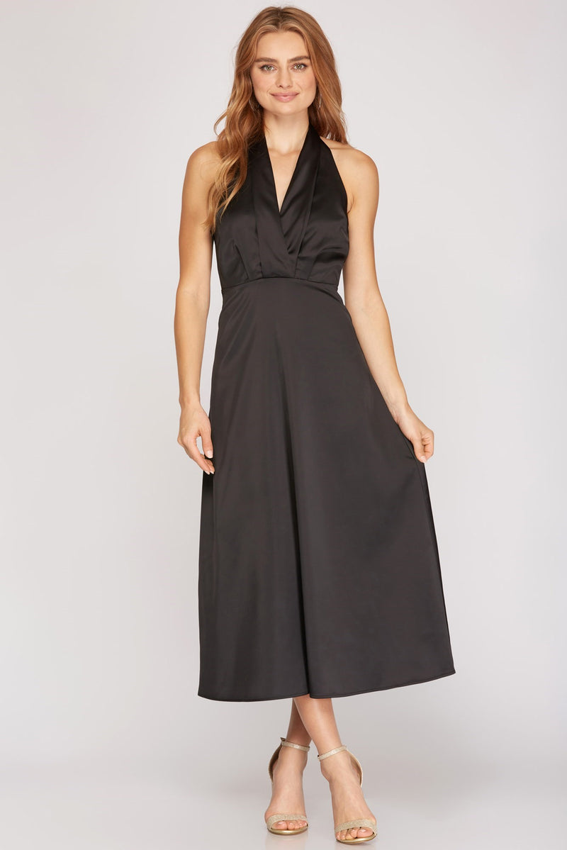 Black Silk Halter Midi Dress