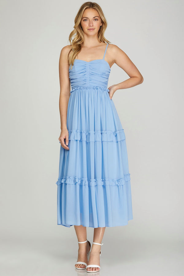 Blue Pleated Chest Midi Dress