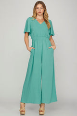 Flounce Sleeve Smock Waist Wide Leg Jumpsuit