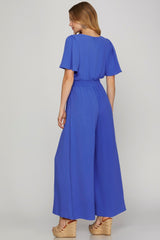 Flounce Sleeve Smock Waist Wide Leg Jumpsuit