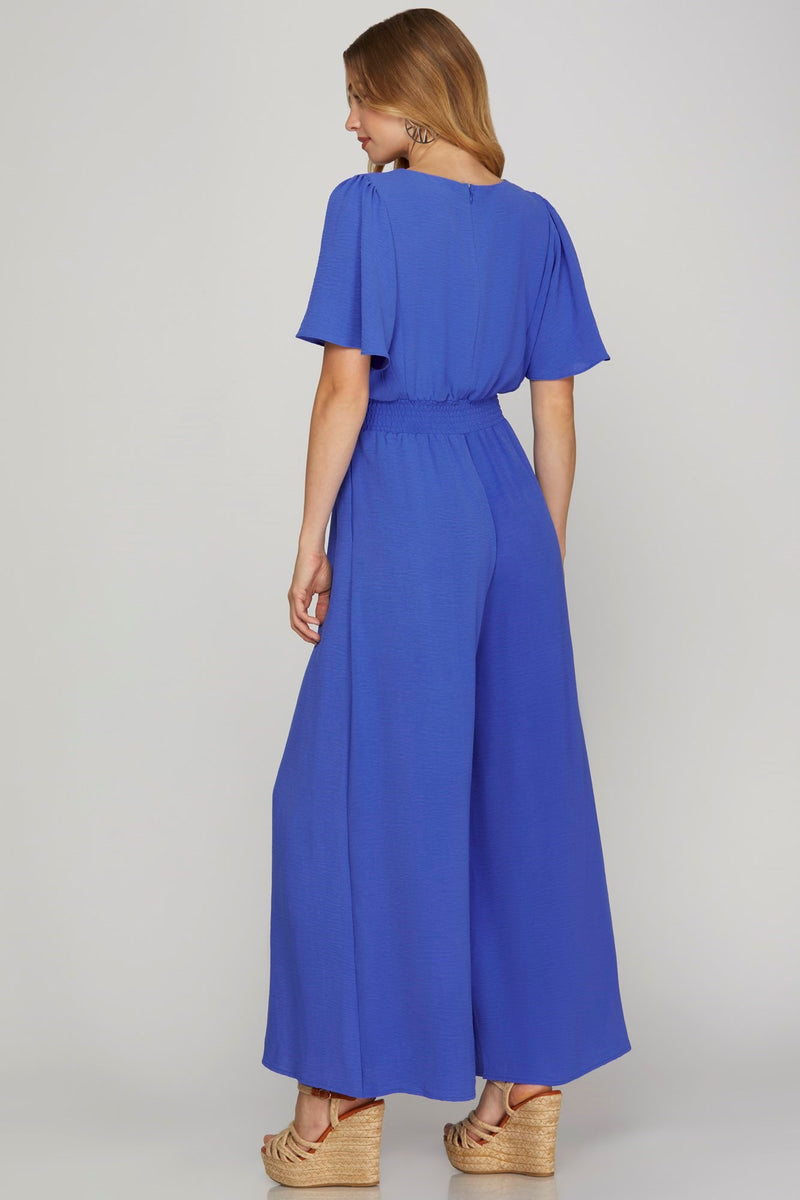 Flounce Sleeve Smock Waist Wide Leg Jumpsuit
