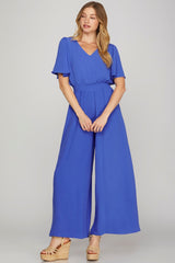 Flounce Sleeve Smock Waist Wide Leg Jumpsuit