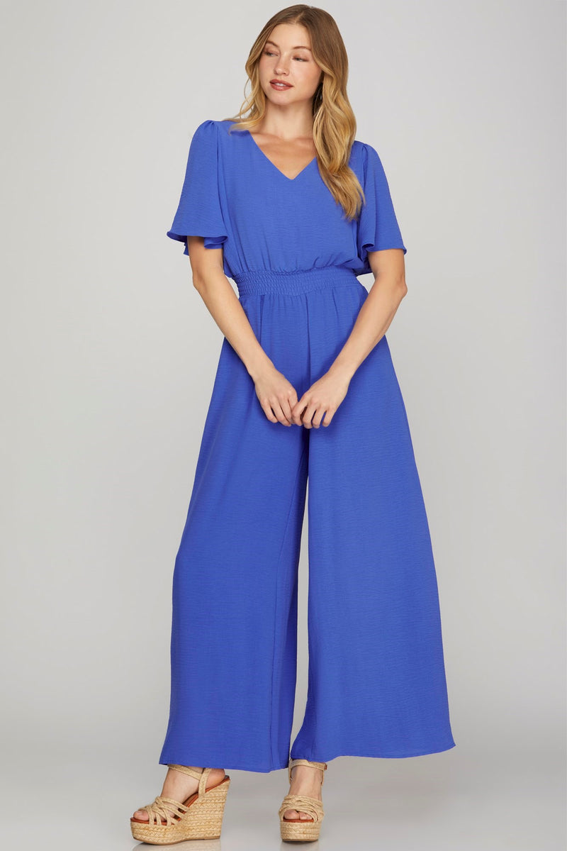 Flounce Sleeve Smock Waist Wide Leg Jumpsuit