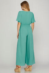 Flounce Sleeve Smock Waist Wide Leg Jumpsuit