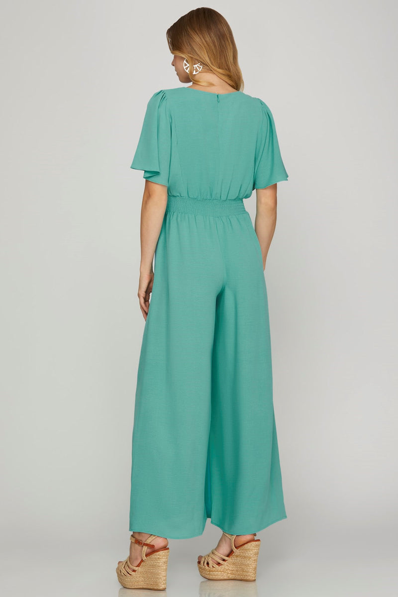 Flounce Sleeve Smock Waist Wide Leg Jumpsuit
