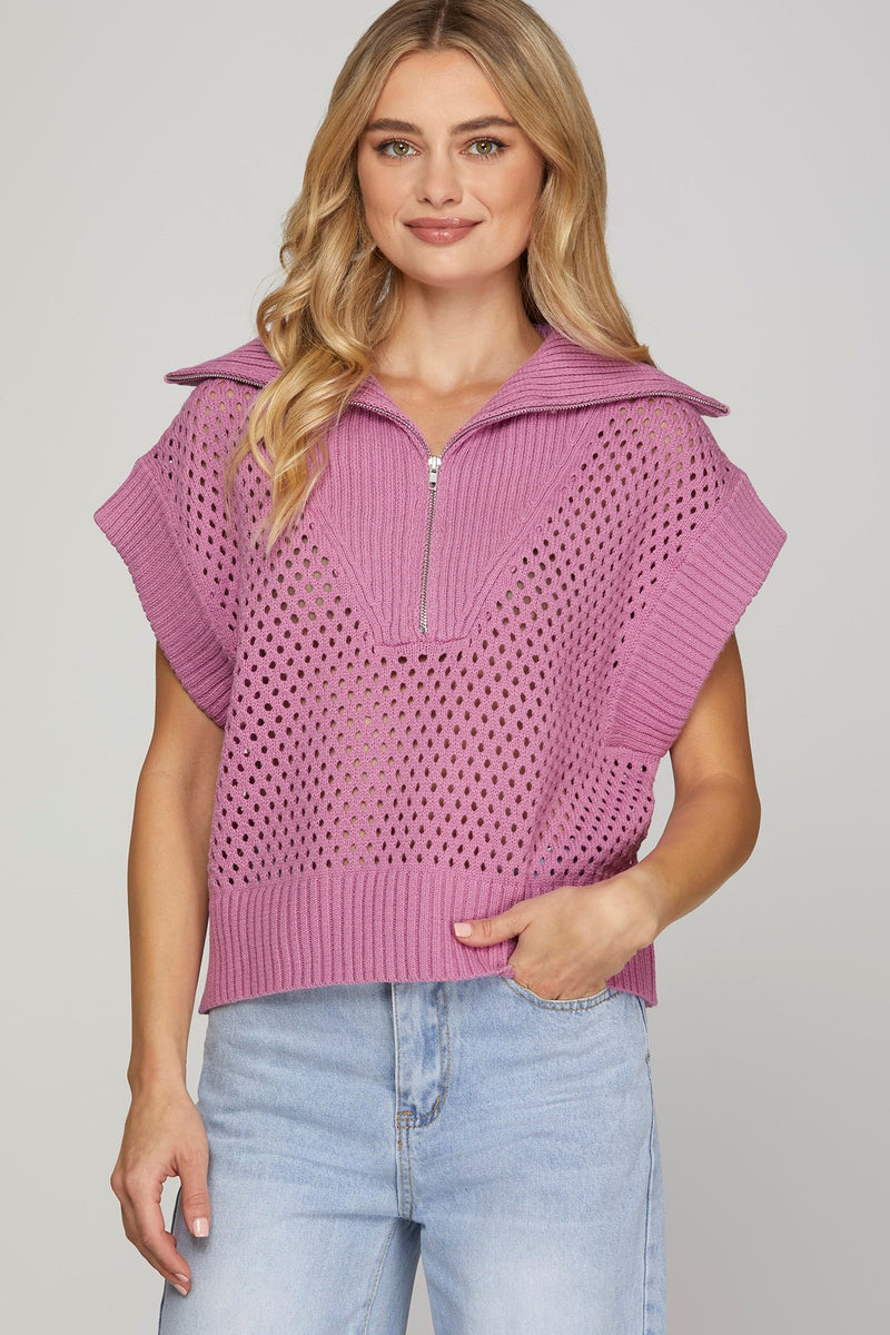 Collared Drop Shoulder Half Zip Sweater Top