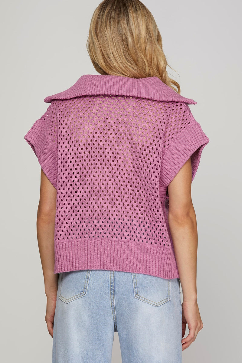 Collared Drop Shoulder Half Zip Sweater Top