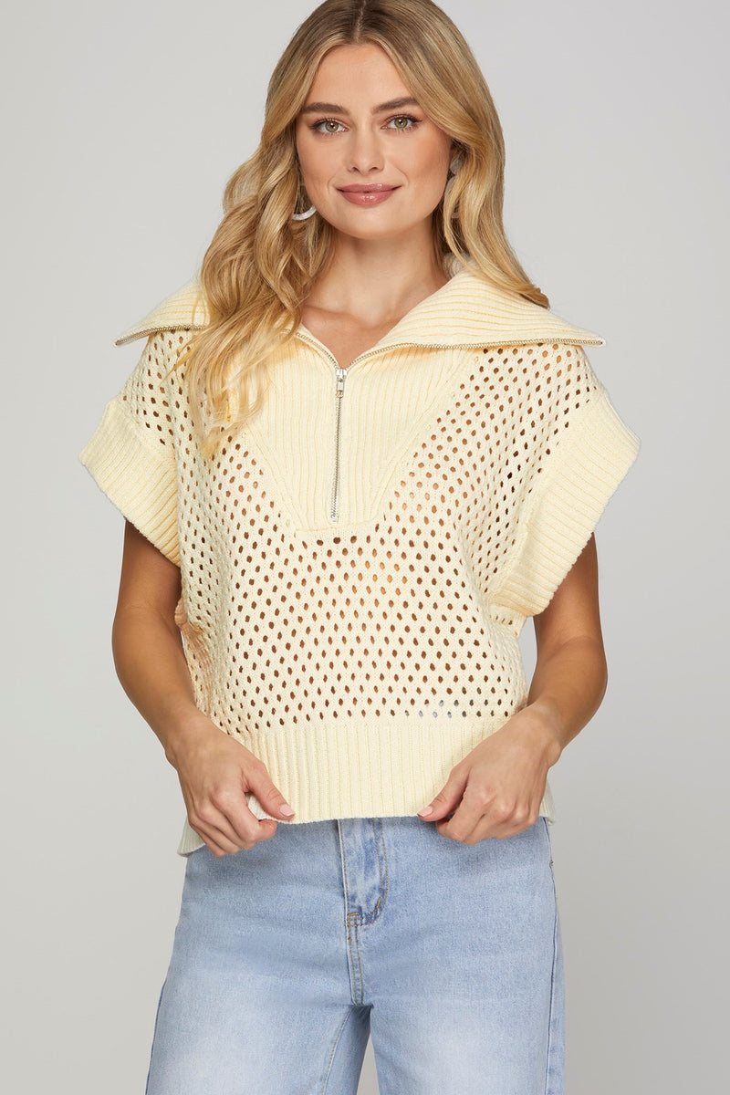 Collared Drop Shoulder Half Zip Sweater Top