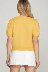 Short Sleeve Contrast Bow Cardigan Sweater