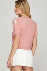 Short Sleeve Contrast Bow Cardigan Sweater