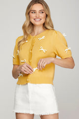 Short Sleeve Contrast Bow Cardigan Sweater
