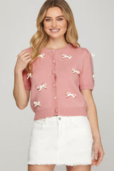 Short Sleeve Contrast Bow Cardigan Sweater