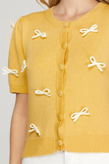 Short Sleeve Contrast Bow Cardigan Sweater