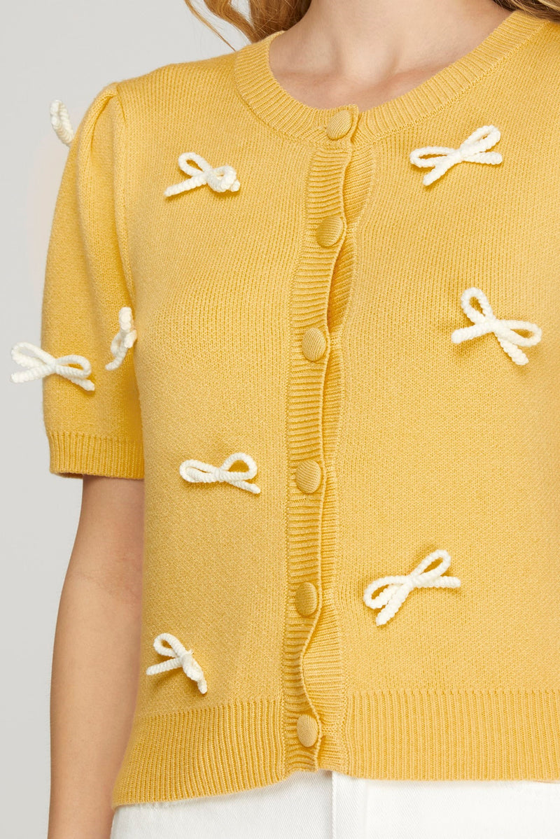 Short Sleeve Contrast Bow Cardigan Sweater