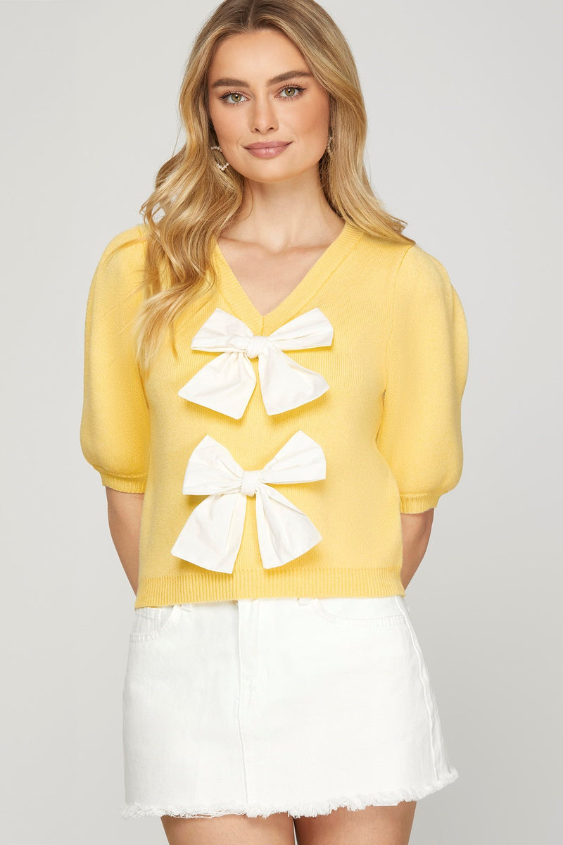 Yellow Short Puff Sleeve Bow Sweater Top