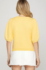 Yellow Short Puff Sleeve Bow Sweater Top