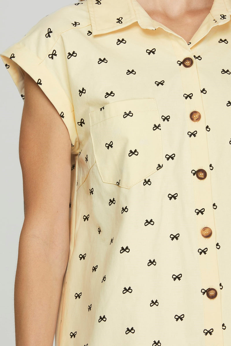 Folded Cuff Button Down Bow Print Dress