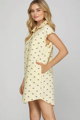Folded Cuff Button Down Bow Print Dress