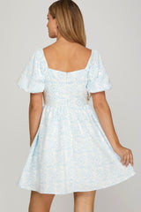Light Blue Puff Sleeve Baby Doll Dress with Pockets