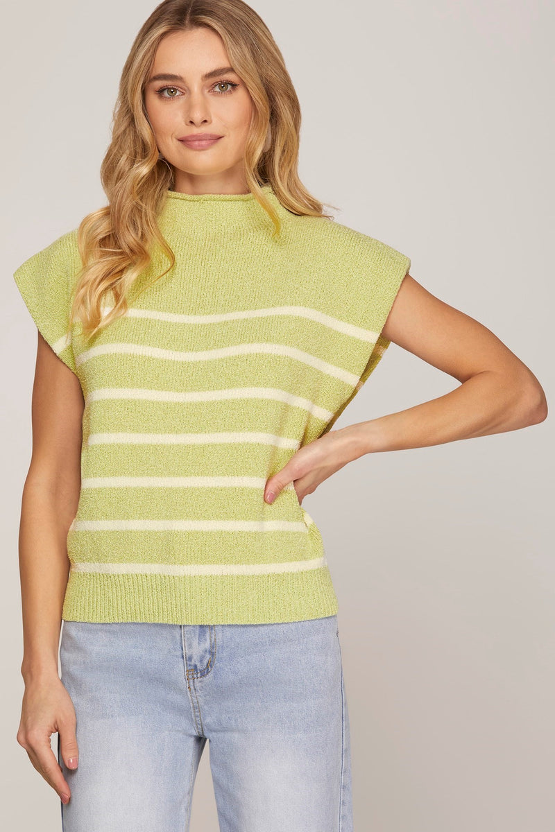 Green Drop Shoulder Mock Neck Striped Sweater Top