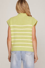 Green Drop Shoulder Mock Neck Striped Sweater Top