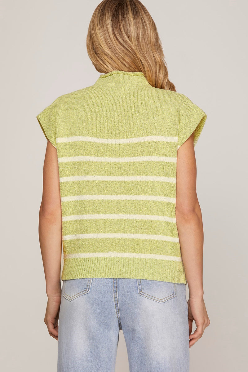 Green Drop Shoulder Mock Neck Striped Sweater Top