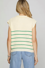 Drop Shoulder Half Zip Green Striped Sweater Top