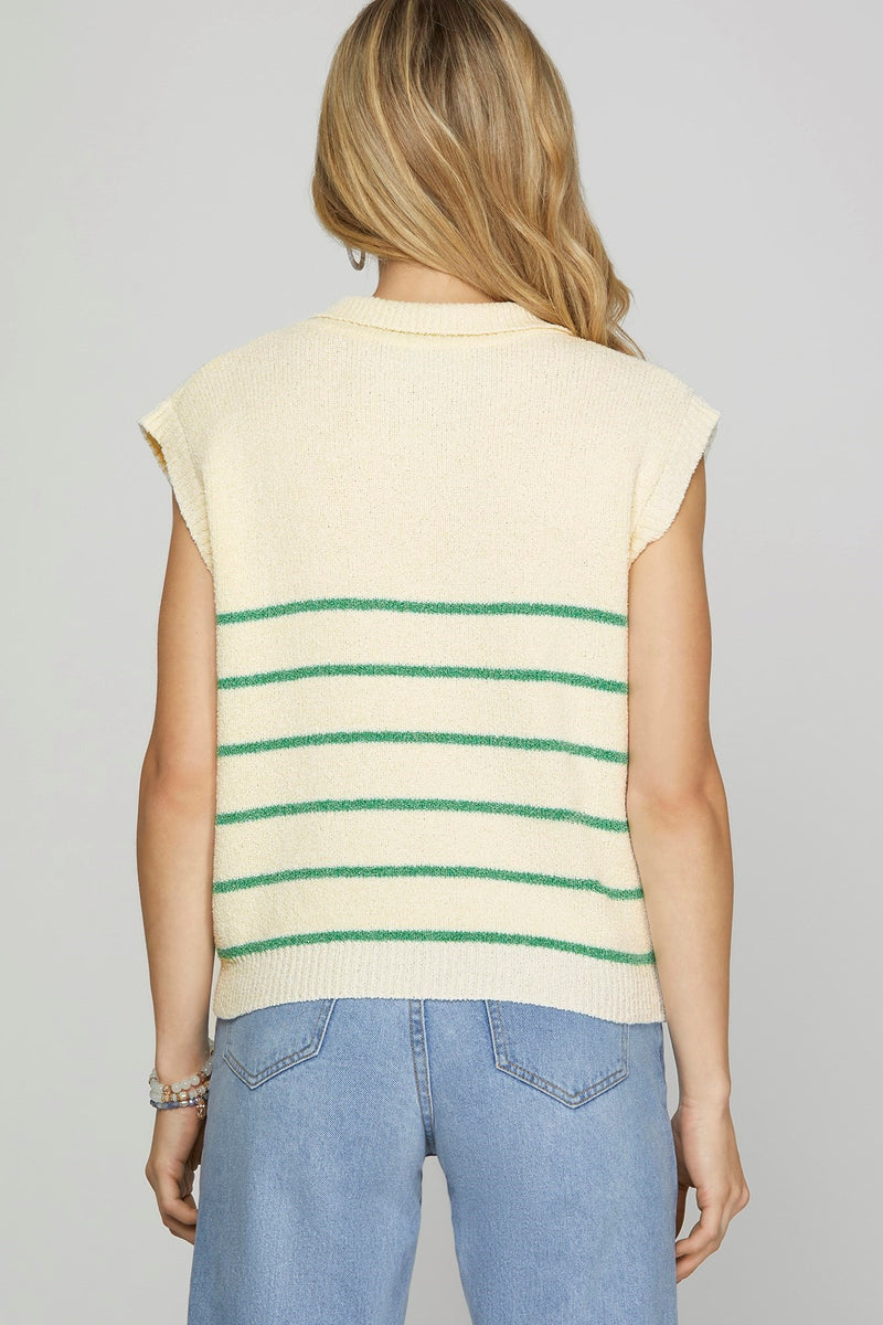 Drop Shoulder Half Zip Green Striped Sweater Top