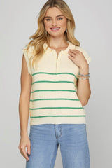 Drop Shoulder Half Zip Green Striped Sweater Top
