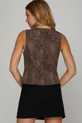 Sleeveless Leopard Print Twill Vest with Front Tie
