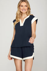Navy Contrast Pique Top and Short Set