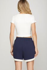 Navy Contrast Pique Top and Short Set