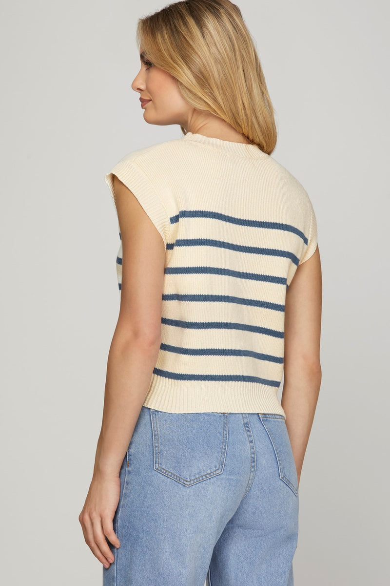 Off White And Cobalt Sleeveless Striped Sweater Top