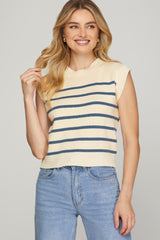 Off White And Cobalt Sleeveless Striped Sweater Top
