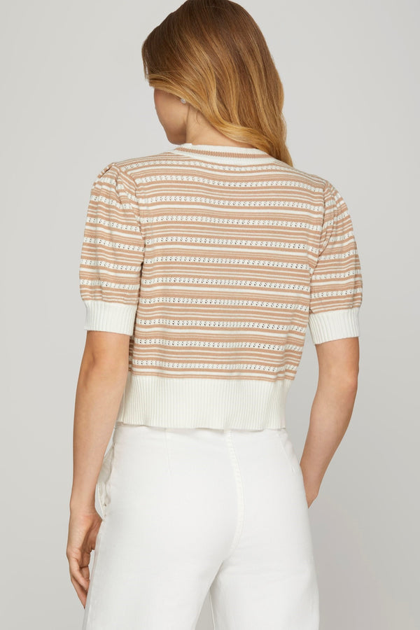 Puff Short Sleeve Bow Striped Sweater Top