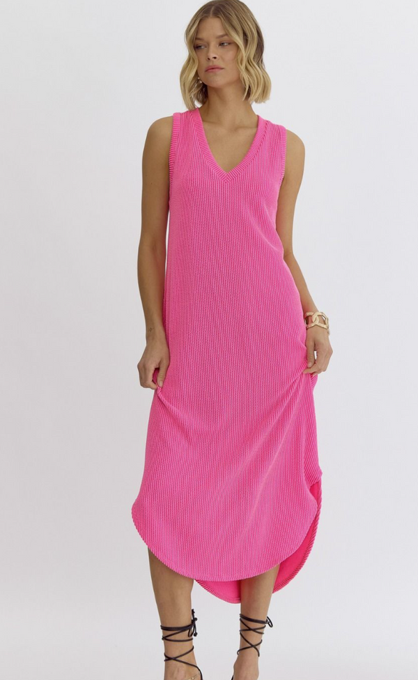Pink V-Neck Textured Midi Dress