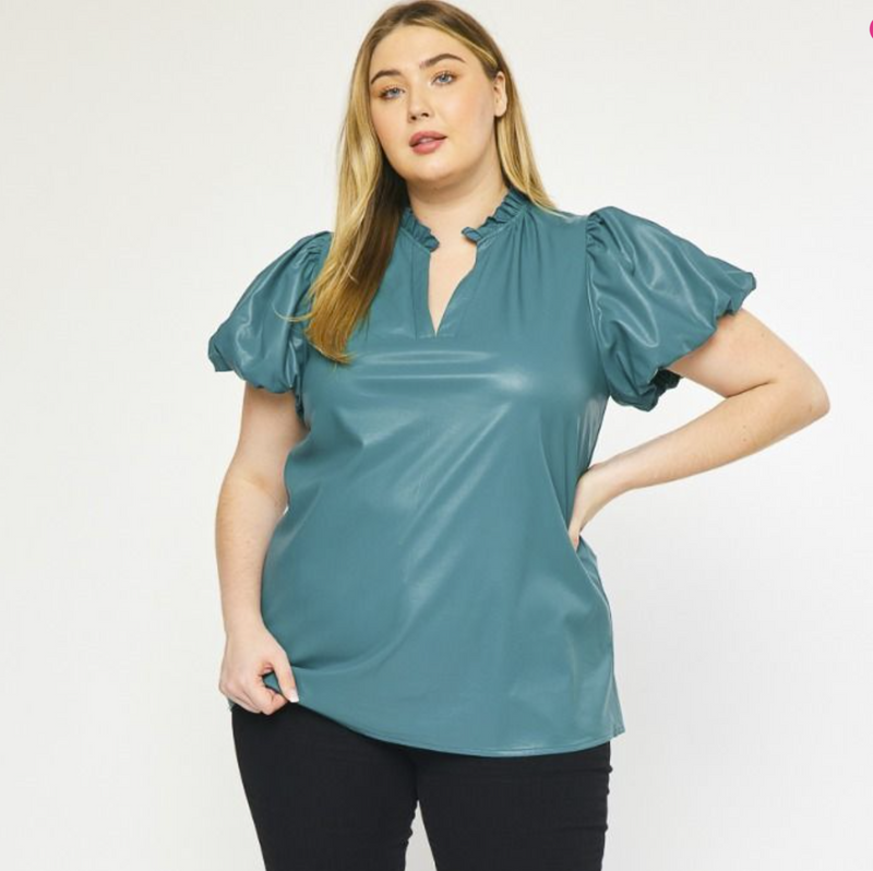 Curvy Faux Leather Teal Puff Sleeve Top