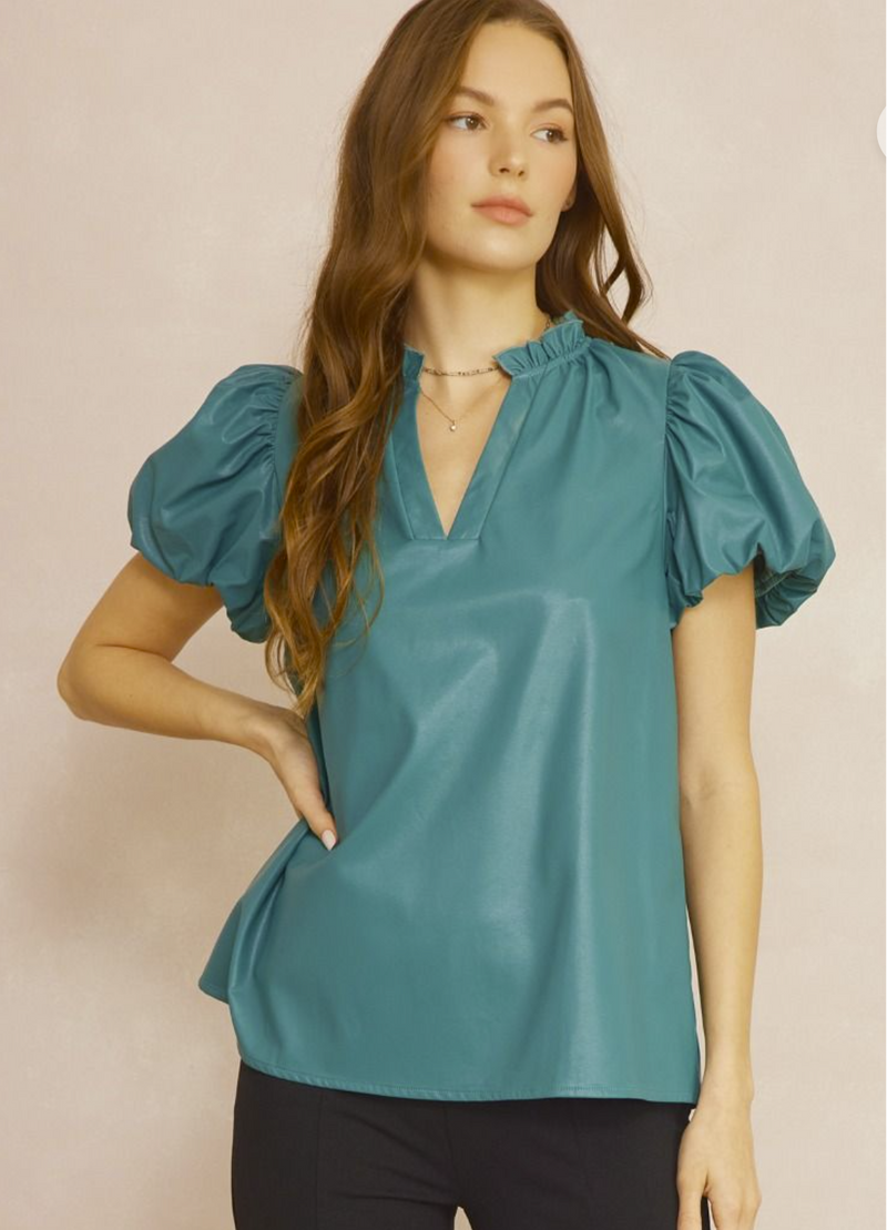 Faux Leather Teal Puff Sleeve Top Red Door Gifts Boutique