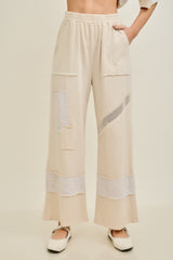 Beige Patchwork and Floral Applique Pants
