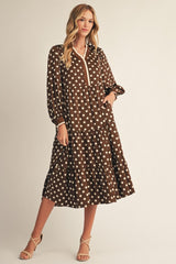 Brown Polka Dot Ruffled V Neck Midi Dress