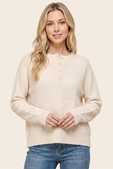 Ivory Half Button Crew Neck Sweater
